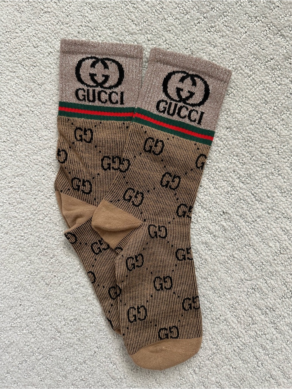 Gucci Brown & Beige GG Logo Crew Socks with Green-Red Stripe